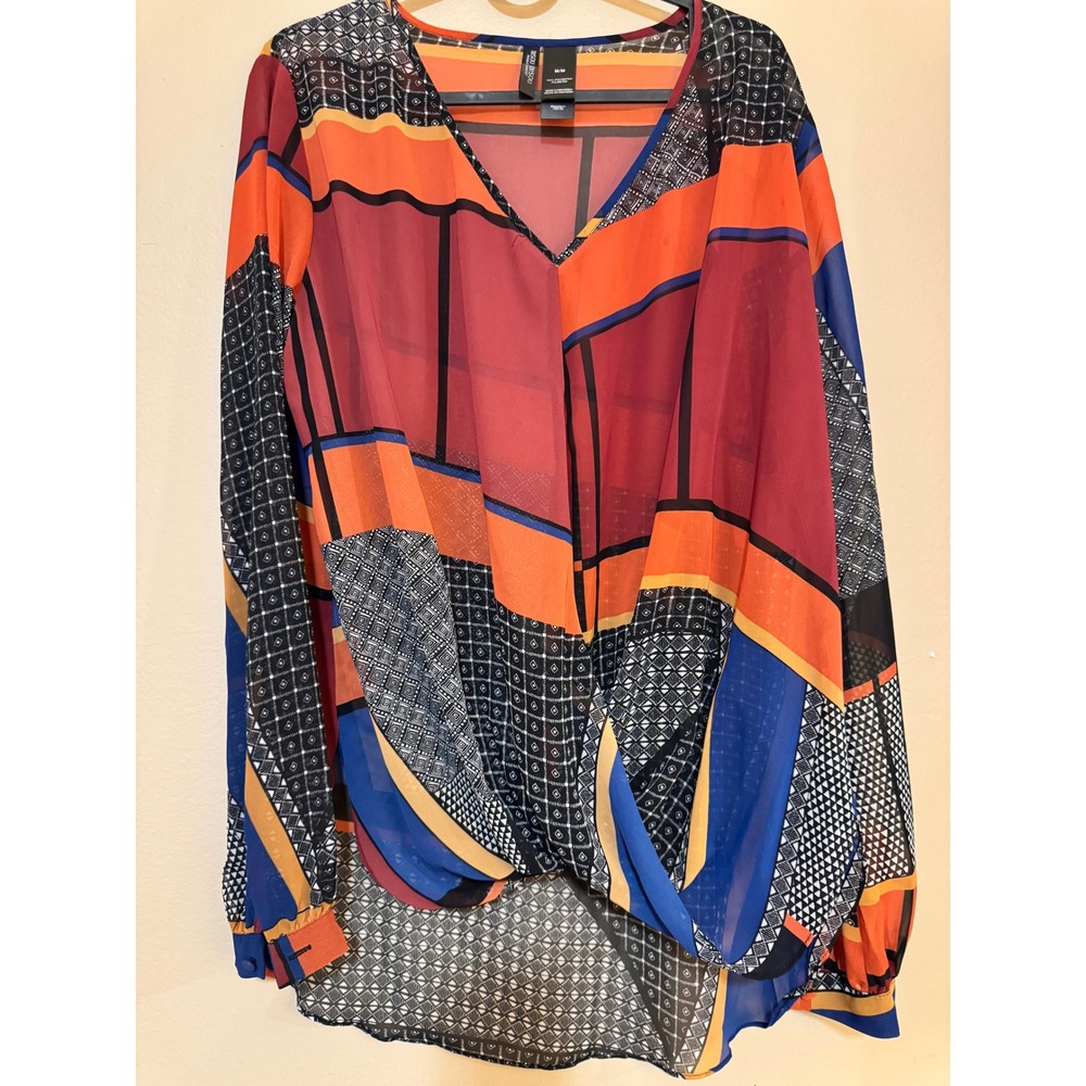 Bisou Bisou Michele Bohbot Geometric Colorblock Sheer Knot Front Blouse Medium